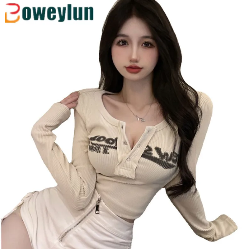 

Boweylun Spring Inside Short Sexy Long Sleeve Women Letter Button Slim Casual Crew Neck Top T-Shirt Girls