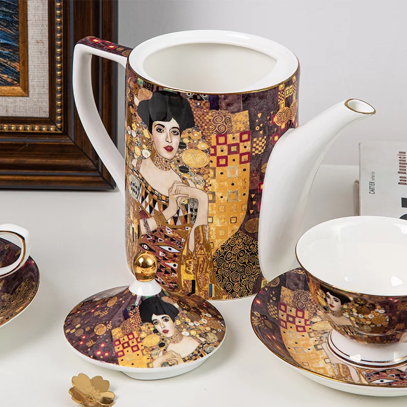 Klimt Kiss Bone China Coffee Pot Luxury Gustav klimt Porcelain Tea Pot Water Kettles Wedding Gifts Office Home Drinkware