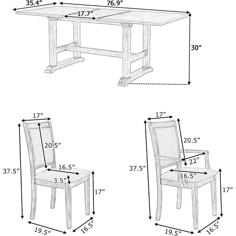 7-Piece Extendable Dining Table Set with Upholstered Chairs and Arm Chairs, 76.9-Inch Trestle Table Design