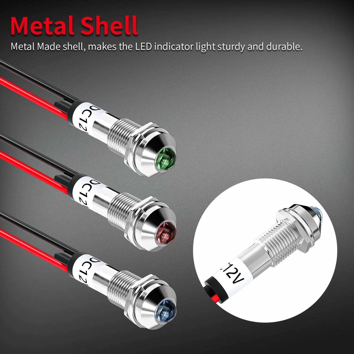 LED 표시등 12V DC 8MM 5/16인치 12볼트 방수 금속 LED 라이트 빨강 파랑 초록 램프 와이어 리드 포함 대시보드 자동차 트럭용