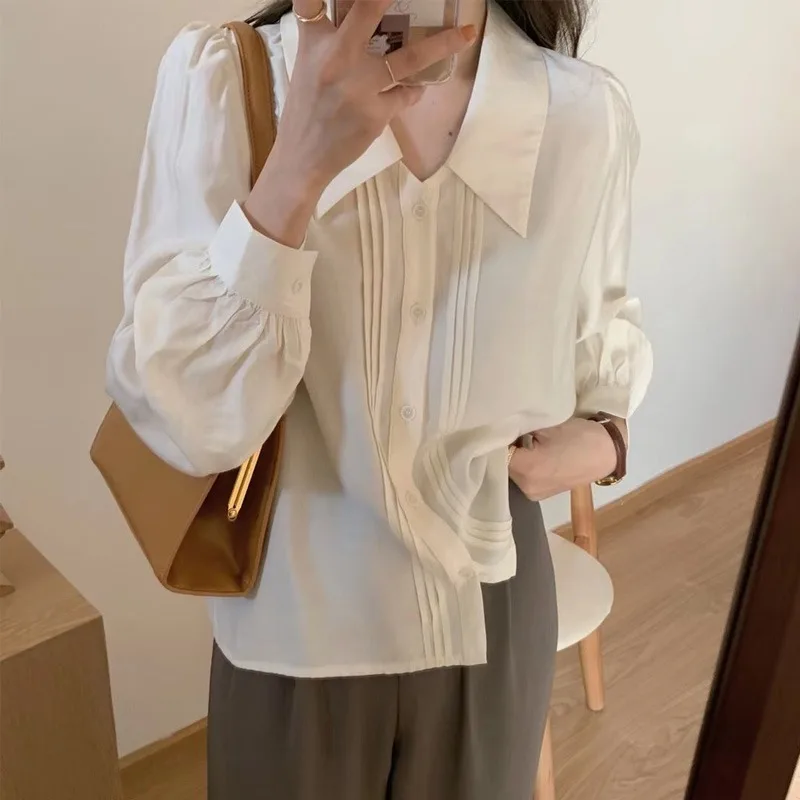 French Style Turn Down Collar White Shirt for Women Thin Tops Vintage Long Puff Sleeve Loose Clothes New Spring 2025 801