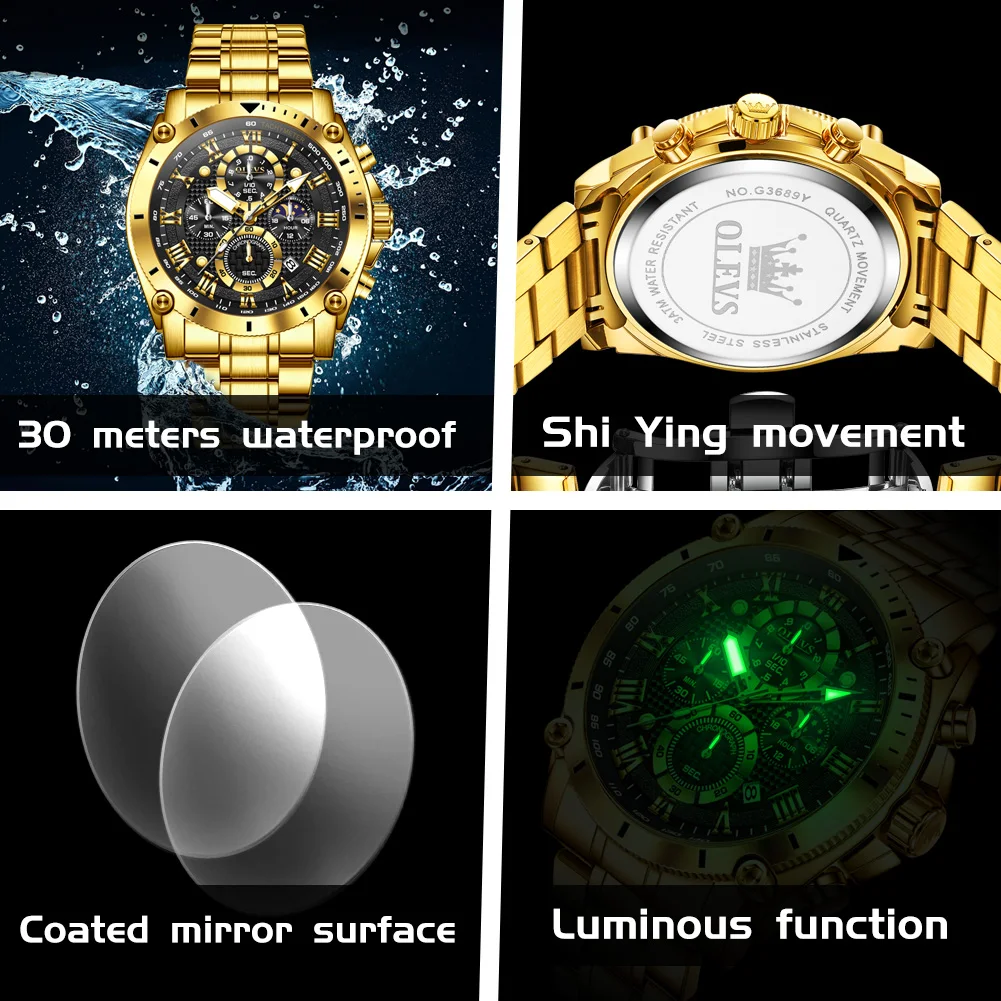OLEVS 3689 Men's Watch Roman Scale Luxury Quartz Watch For Men Big Dial Moon Phase Date Waterproof Luminous Male Wristwatch
