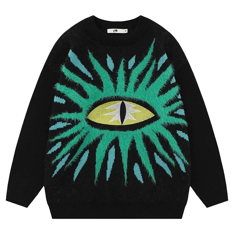 

Hiphop The Eyes of Truth Knitted Sweater Men Women High Street Embroidery Jacquard Oversize Pullover Harajuku Y2K College Jumper