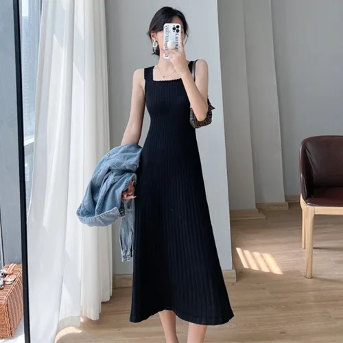 

2024 Women's Summer Fashion Knitted Suspender Dresses Female Sexy Solid Color Vest Dress Ladies Mid-length A-line Vestidos H10