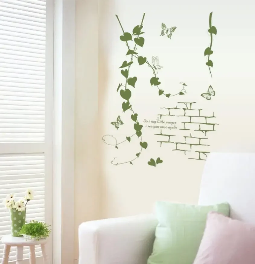 Delicate Parlor Art Korean Modern Living Room Green Rattan Vines Butterfly PVC Decorative Wall Sticker Simple Aesthetic Decor