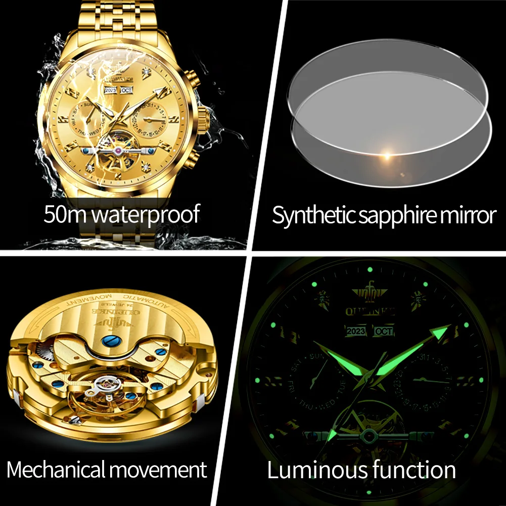 OUPINKE 3248 Skeleton Automatic Men's Watches Stainless Steel Original Luxury Multi-functional Mechanical Wrist Watches for Man