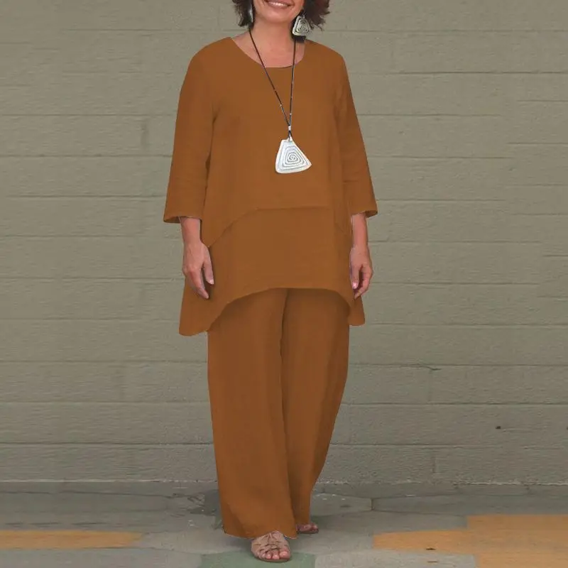 

Two Piece Set Women Outfit 2023 Pure Color Round Collar Nine Points Sleeve Loose Asymmetry Pant Setsf or Women 2 Pieces