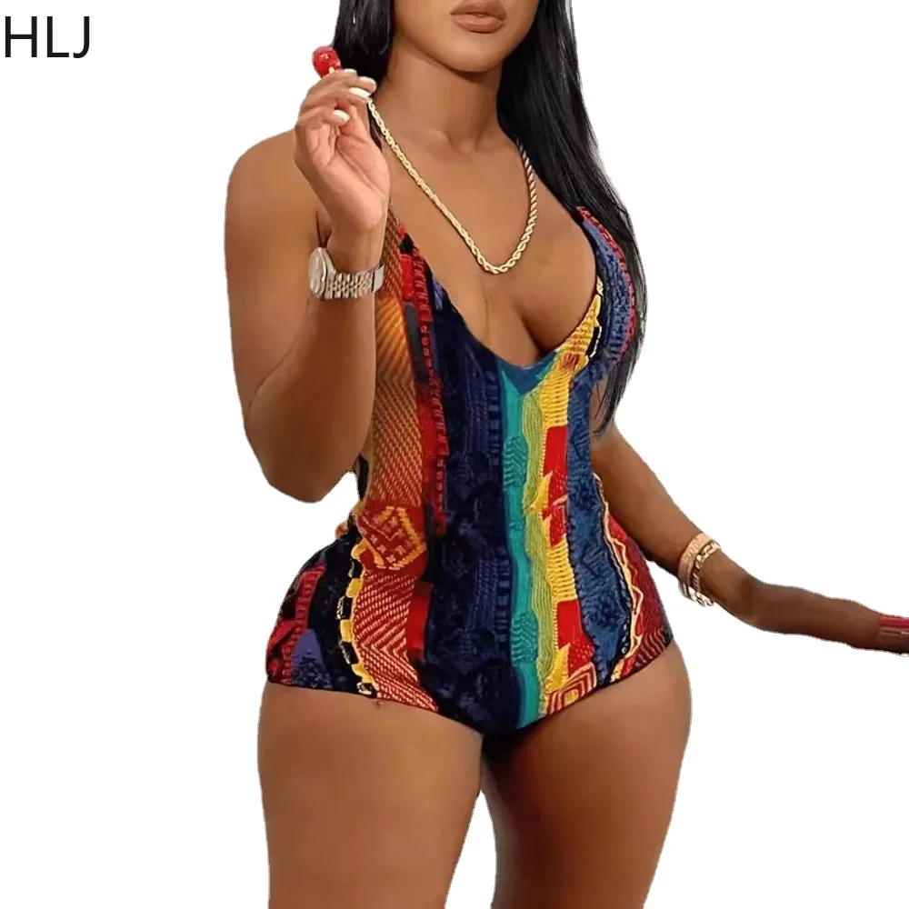HLJ Sexy Multicolour Snake Print Bodycon Nightclub Rompers Women Deep V Backless Slim Jumpsuit Fashion Halter Sleeveless Overall