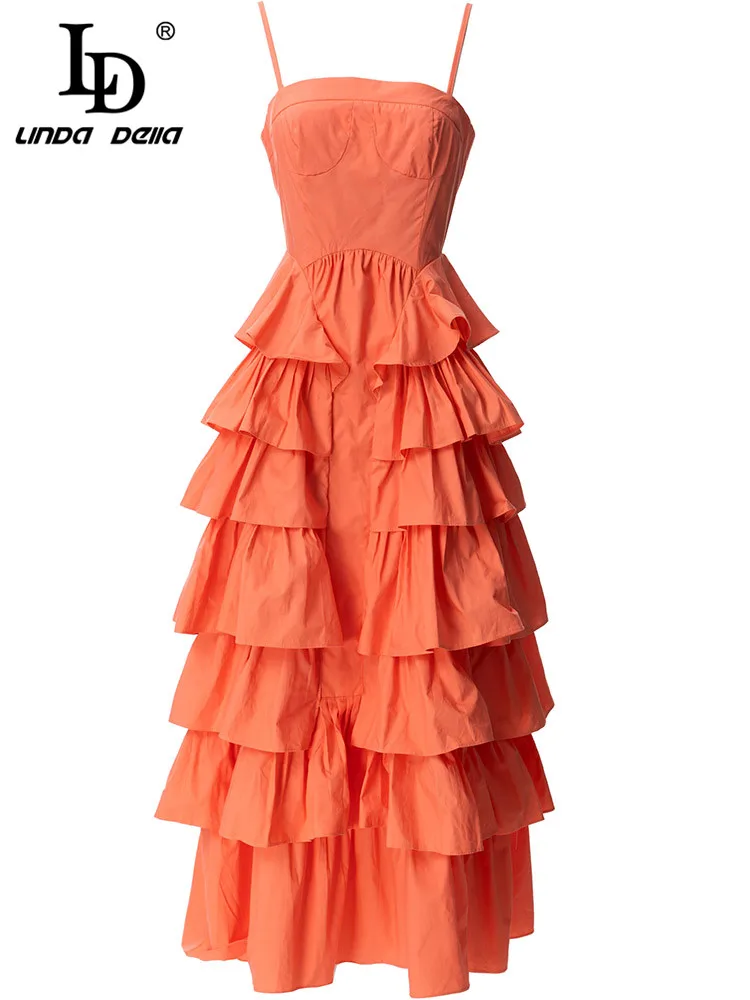 

LD LINDA DELLA 2023 New Designer Summer Dress Spaghetti Strap Fashion Cascading Ruffle Solid color Vacation Midi Dresses