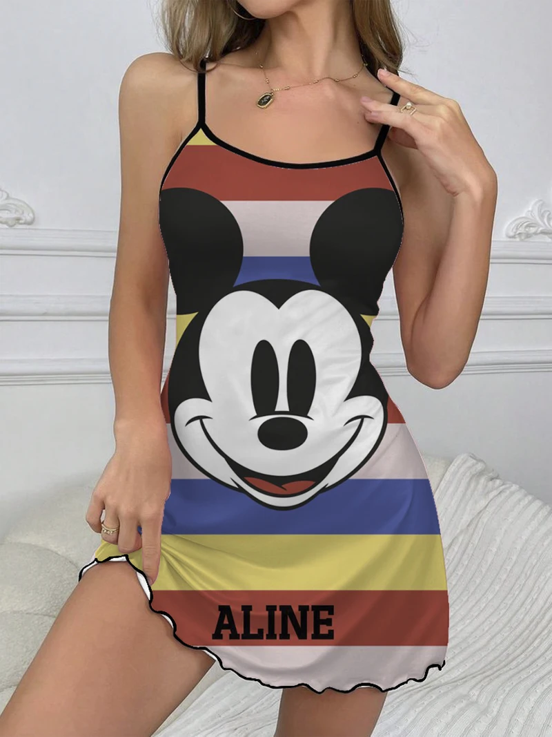 

Elegant Dresses for Women Slip Dress Mickey Summer Clothes Crew Neck Pajama Skirt Lettuce Trim Disney Minnie Mouse Fashion 2024