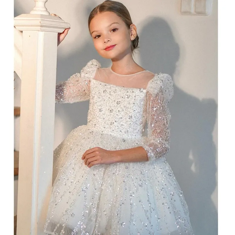 

2024 Infant Girls' dresses children's wear sequins Bowtie Princess tutu fluffy Kids Dress baby's 1st birthday Vestido Robe Fille