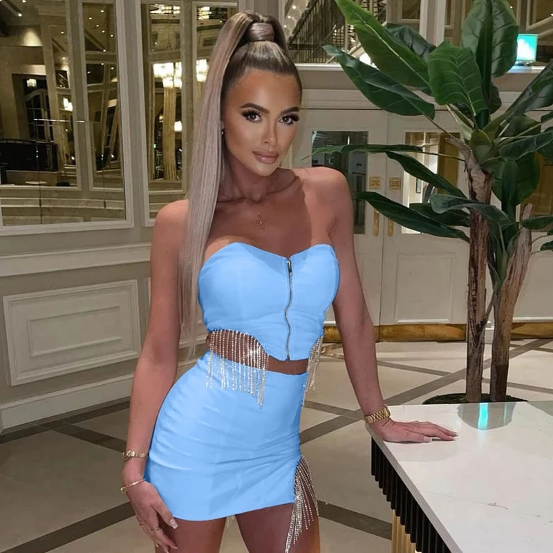 

Solid Color Slim Tracksuit 2023 Summer African Outfit Fashion Women Tassel Diamond Sexy Short Mini Pencil Skirt Two Pieces Set