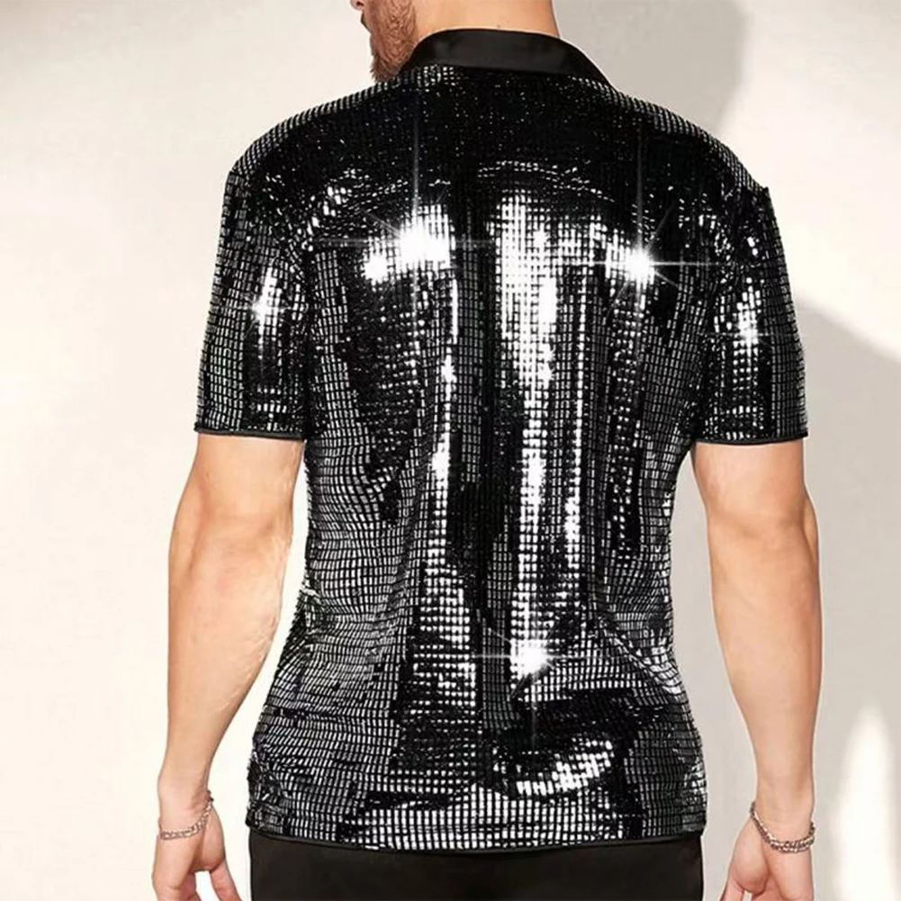 Herren Vintage 70er Disco Club Hemd Glänzende Pailletten Kurzarm Button-Down-Hemd – Detail 4