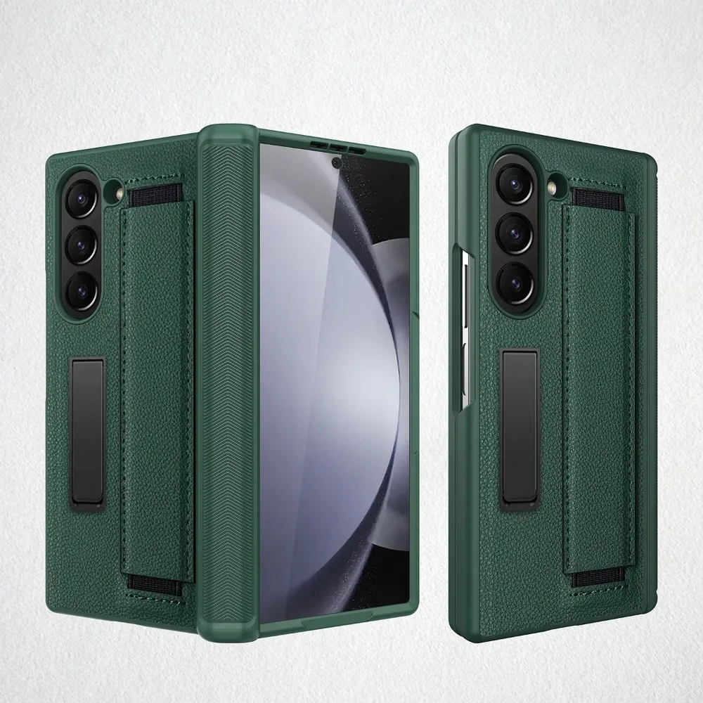 Full Coverage Hinge Protective Kickstand Leather Wristband Phone Case with Screen Protector
