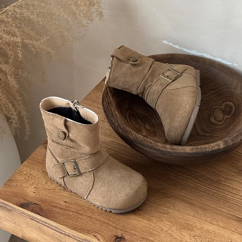 Kids Short Boots Retro Korean Style Girls Princess Boots Round Toes 2025 Autumn Winter Children Leather Boots Withside Zipper