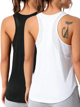 2PCS Solid Color Running Sport Vest Summer Breathable Singlet Mesh Fitness Sleeveless Clothes Loose GYM Fashion Womens Tank Tops 1
