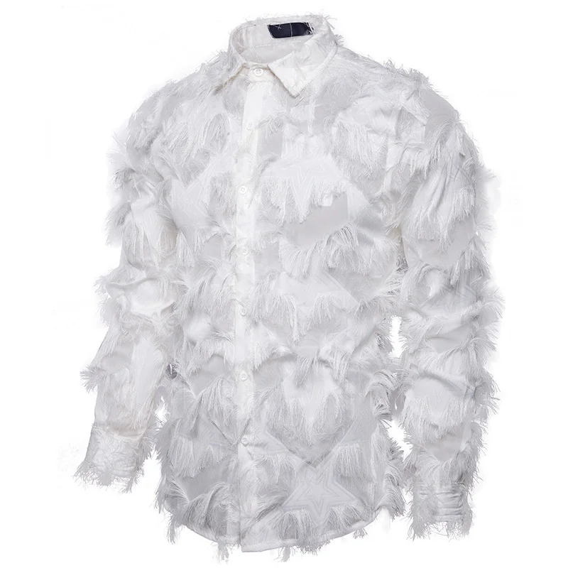 #4626 Black White Streetwear Hip Hop Shirt Men Tassels Party Night Club Men's Shirts With Long Sleeves Euro Size Spring Autumn