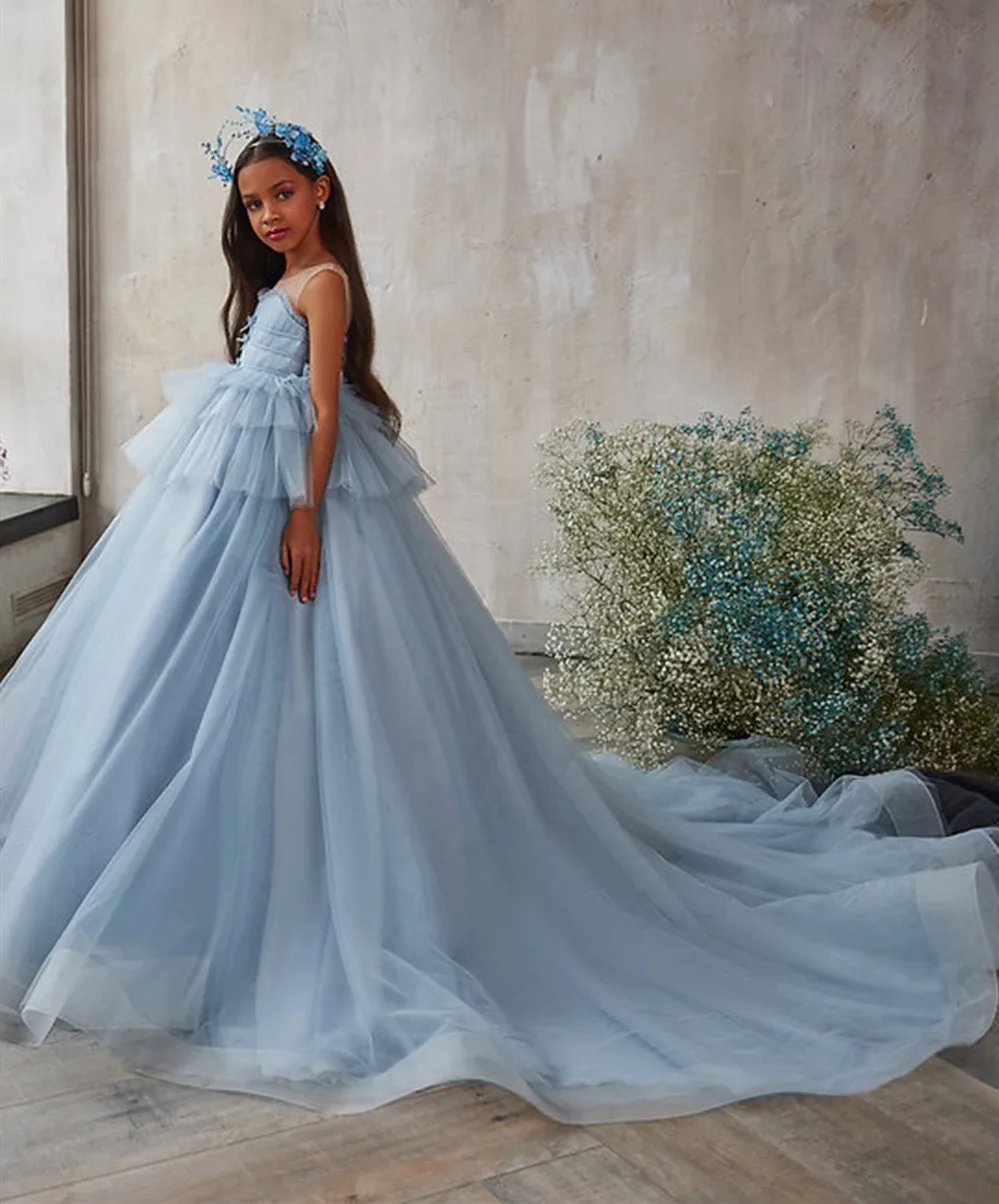 

Синие детские платья с цветами для девочек Пышное Платье принцессы многослойные платья из тюля для первого причастия пушистое платье для девочек