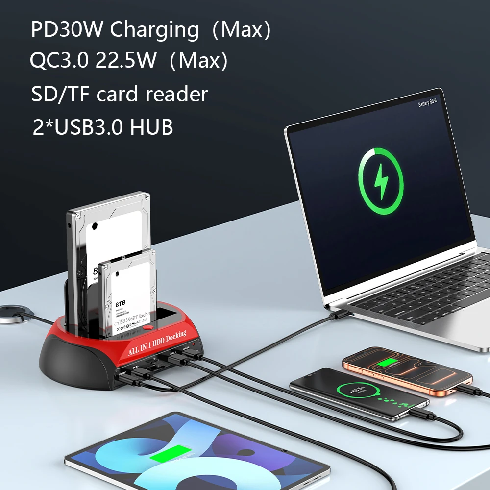 Eswirepro 듀얼 베이 HDD 도킹 스테이션 (PD QC 충전 기능 포함) USB 3.0 - 2.5/3.5인치 IDE SATA 하드 드라이브 SSD HDD 인클로저
