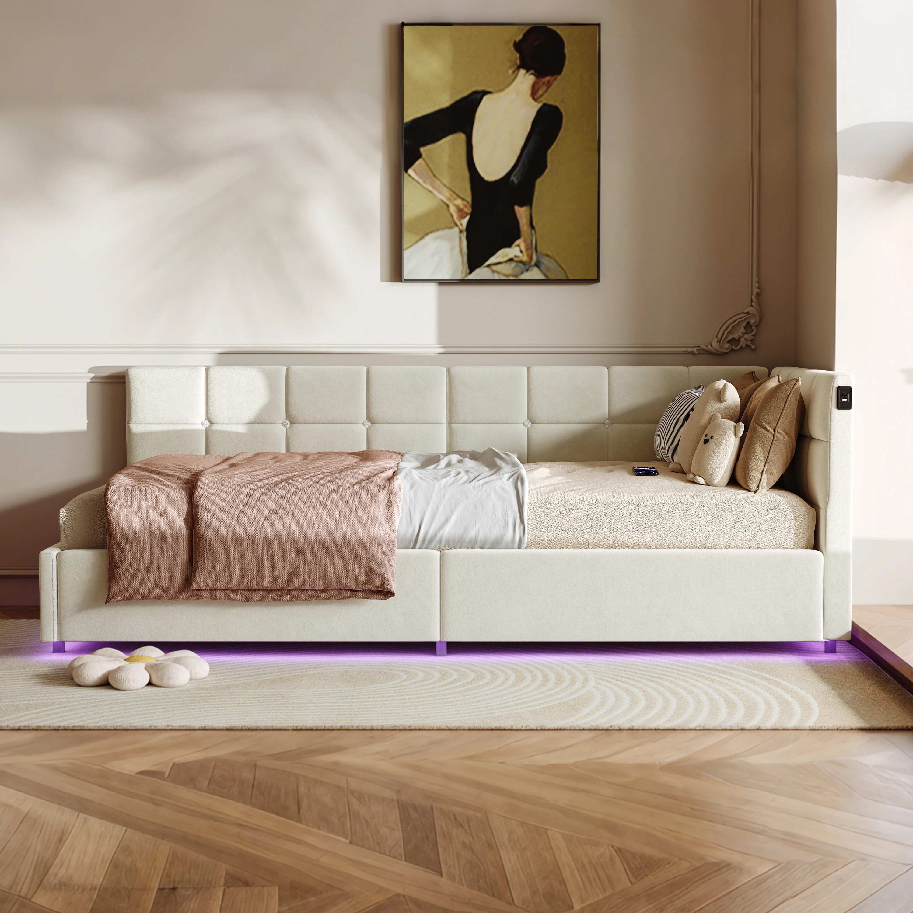 Rosahqnda L-förmiges Schlafsofa, Tagesbett 90 x 200 cm, Einzelbett, Jugendbett, hydraulischer Aufbewahrungsschrank, Ladeanschluss, Samtstoff – Detail 3