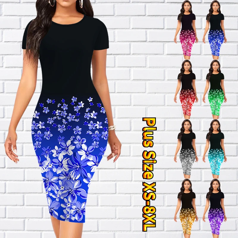 

2023 Round Neck Dress Fit Skirt New Fashion Slim Fit New Design Printed Short Sleeve Skirt Summer Women's Knee Length Skirt