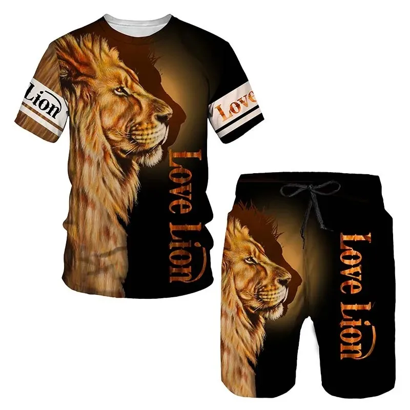 Men's Short Sleeve T-Shirt +Shorts Two Piece Suit Funny Lion Print Tops Fashion Hip Hop Harajuku Summer Children Oversized Sets 2 sets children s sticky dart boards for kids games outdoor toys taste ages plastic