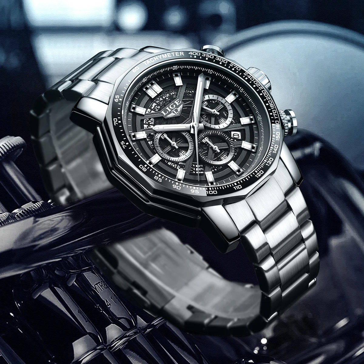LIGE Luxury Men's Sport Chronograph Watch - Full Steel Quartz, Waterproof, Large Dial