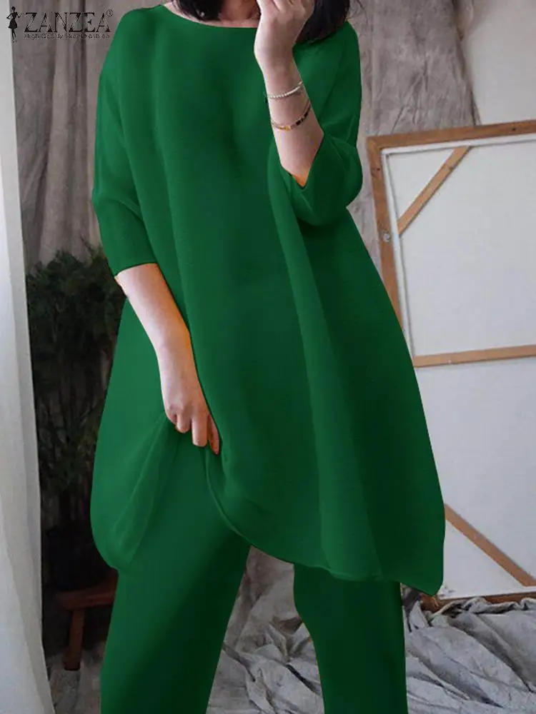 

Модный однотонный комплект ZANZEA из 2 предметов, женские брючные комплекты, праздничные топы с рукавом до локтя, наряды, повседневные свободные строгие костюмы