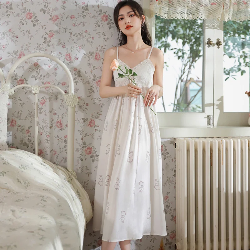 Suumer Nightdress Women Ice Silk Sexy Pajamas Cute Home Dressing Gown Sweet Print Sleeveless Sleepshirt Nightgown with Chest Pad