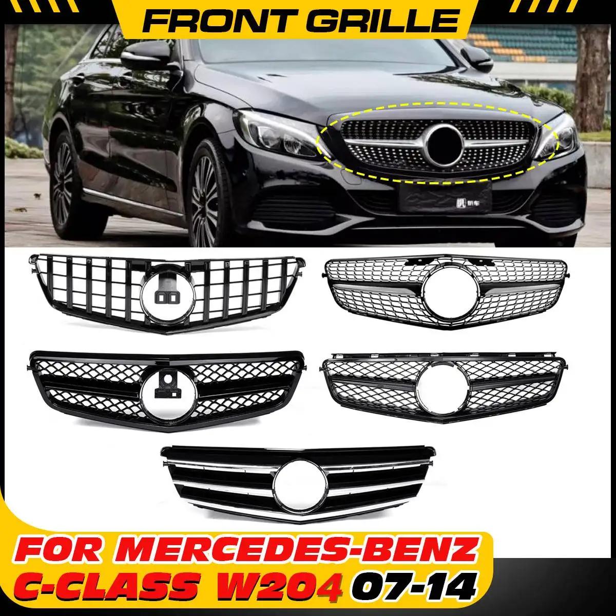 

Sport GTR Diamond Style Front Grille Grill For Mercedes For Benz C Class W204 C180 C200 C300 C350 2007-2014 Racing Grille