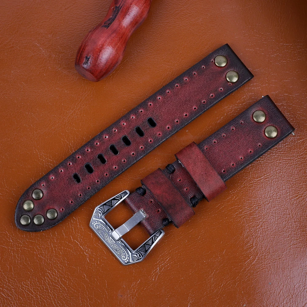 

NEW Handmade Vintage 18mm 20mm 22mm 24mm Genuine Leather Watchbands Rivet Leather Watch Strap Carving Strap Watches Accessorie