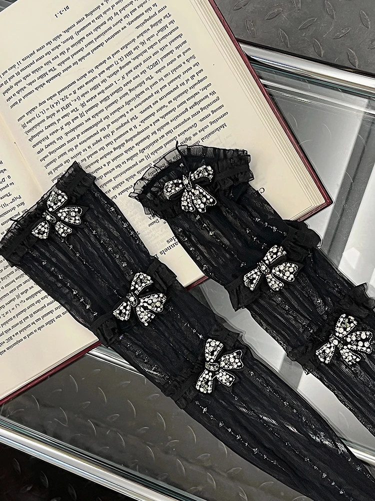 Fashion Design Thin Mesh Lace Bow Foot Sock Bunching Cute Mid-Calf Length Black Students' Socks Lolita Sexy Women Stockings