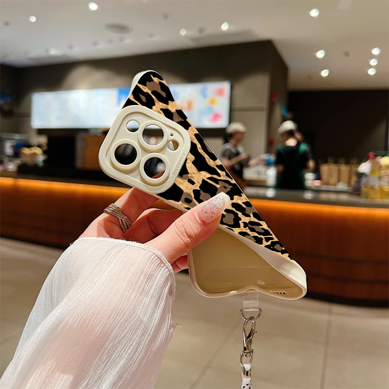 Leopard Print Lanyard Strap Silicone Phone Case - Brown