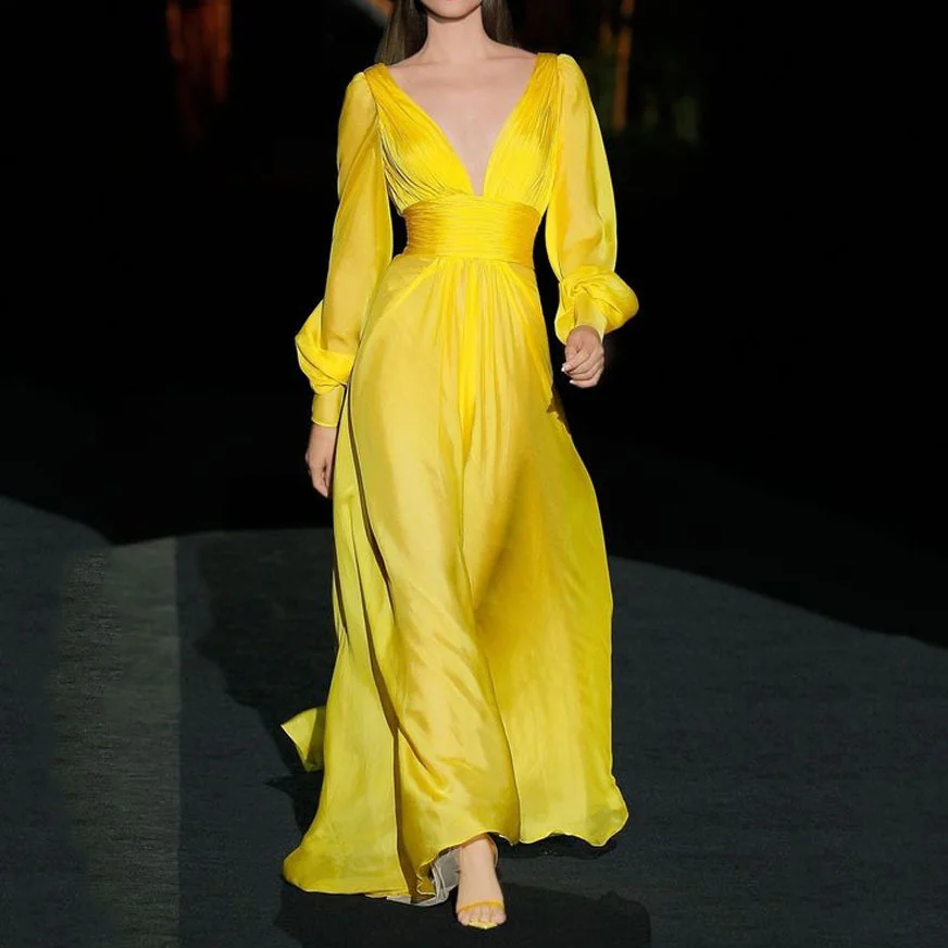 

SUJYing New Fashion Autumn And Winter 2023 New Women's Fashion Sexy Temperament Deep V-neck Solid Color Dress