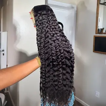 Soft Deep Wave Black Color Synthetic 13X4 HD Lace Frontal Wig For Black Women Prepucked Bleached Knots Glueless Wig Daily Party
