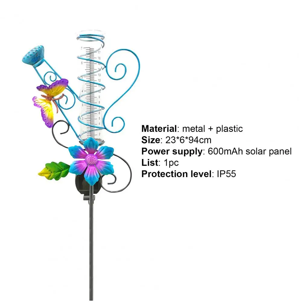Butterflies Decor Metal Garden Stake All-weather Sloar Powered LED Measuring Tube Long Lasting Rain Gauge for Outdoor