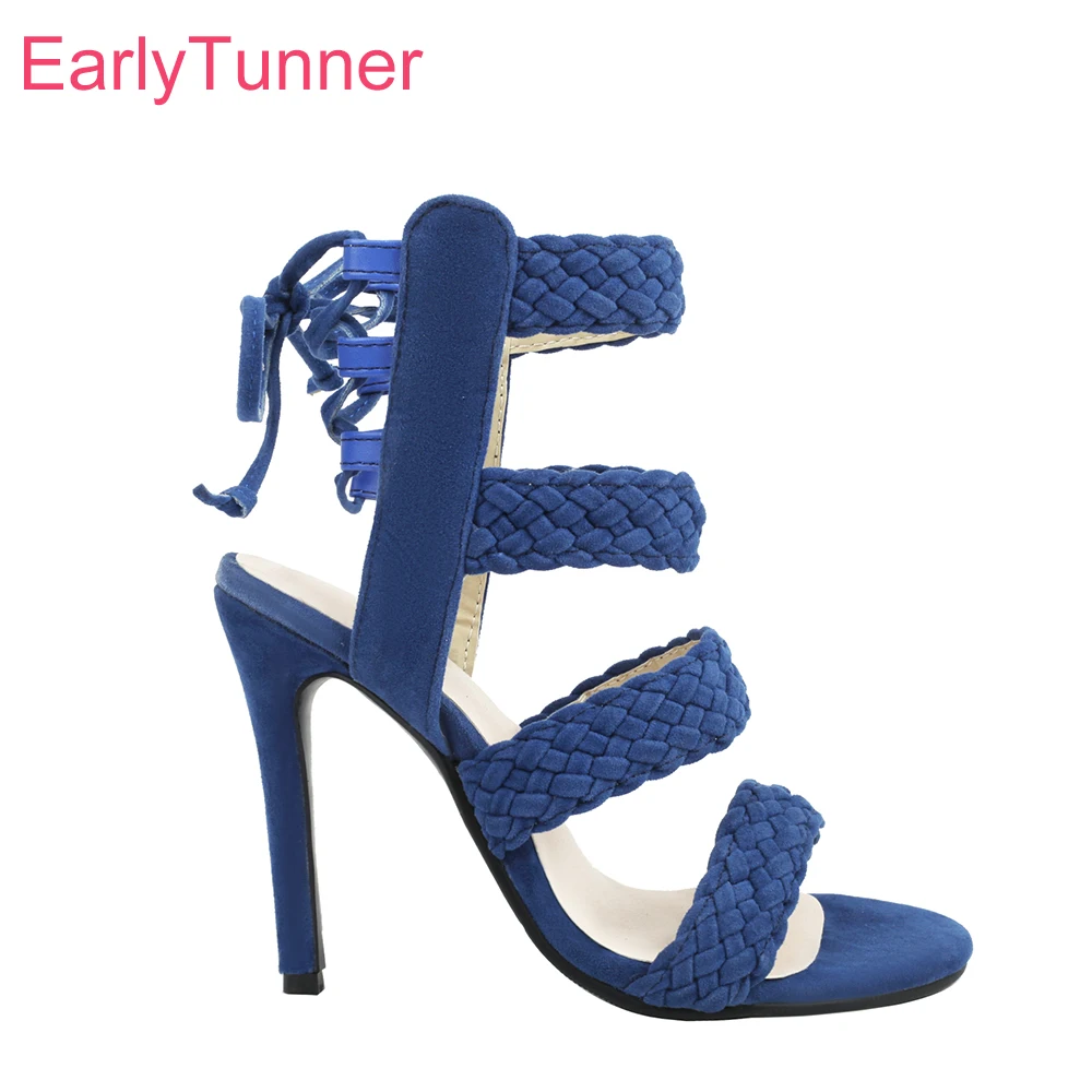 

2023 New Summer Elegant Blue Black Women Sandals Sexy High Gladiator Heels Office Lady Dress Shoes Plus Big Size 12 43 46 48