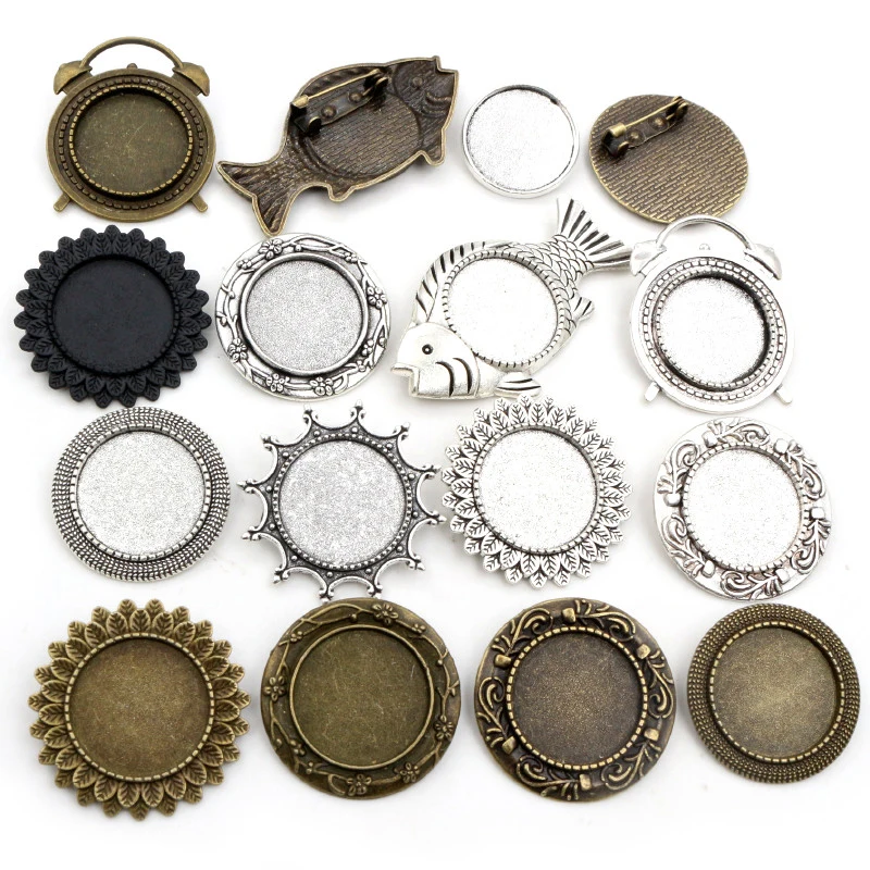 5pcs 20mm Innere Größe Antike Silber Überzogene Und Antike Bronze Farben Überzogen Brosche Pin Multi Arten Cabochon Basis einstellung