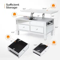 Mirrored Lift Top Coffee Table, Assembled Modern Coffee Table with Drawers for Living Room (Silver, 35'' x 19'' x 18'') 2