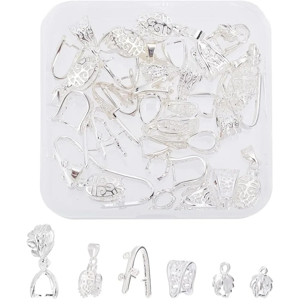 

36Pcs Brass and Alloy Ice Pick Pinch Bails 6 Style Filigree Leaf Pinch Clip Bail Clasp Silver Snap On Bails Rack Plating Bead