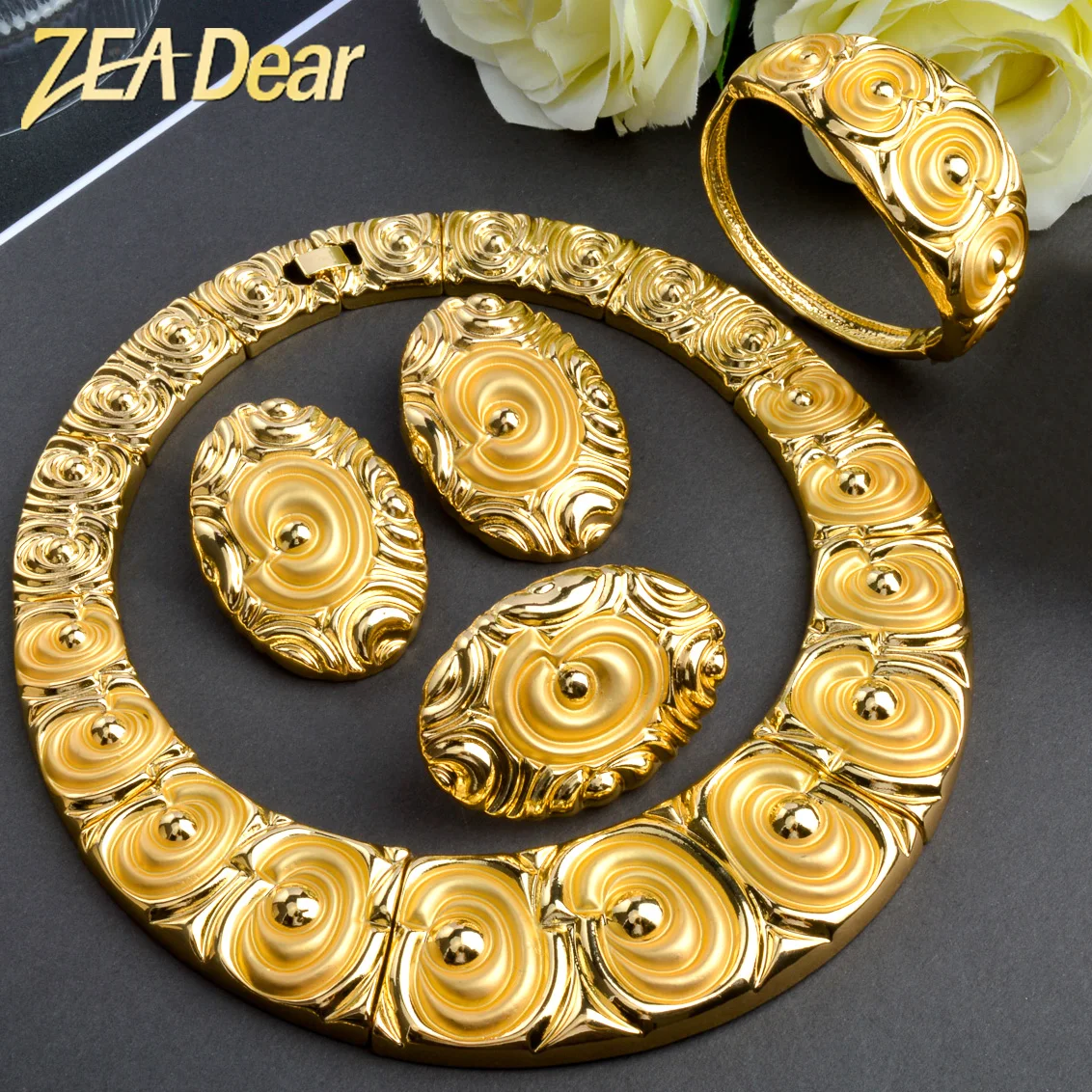 

ZEADear Large Jewelry Set Italian Exaggerated Gold Plated Flower Choker Necklace Earrings Bracelet Ring Bride Wedding Party Gift