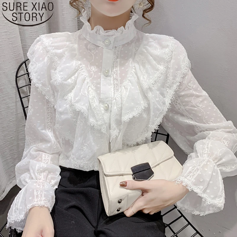 New Women's Lace Flared Long Sleeve Shirt Stylish Elegant Stand-Up Neck Cardigan Button Single-breasted Casual Top Blusas 15832