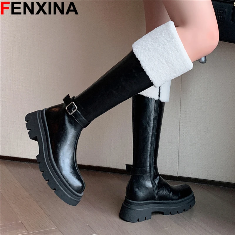 

FENXINA 2024 New Genuine Leather Boots Zipper Knee High Boots Women Buckle Winter Boots Fashion Black Brown Ladies Long Booties