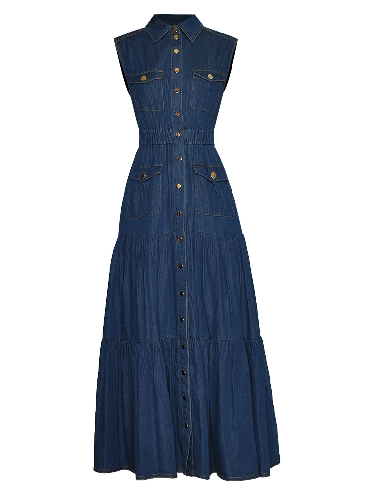 

Sweetsince Polo Collar Sleeveless Elastic Waist Big Swing Denim Dress Classic Blue Summer Women Popular 2023 Luxury Designer