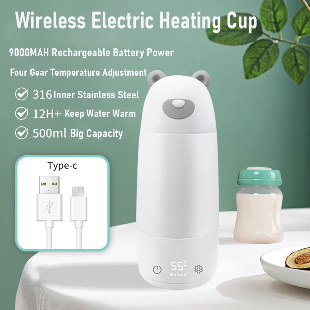 500ML Wireless Portable Electric Kettle Heating Cup 9000MAh Rechargeable Battery Insulation Kettle Milk Bottle Baby Water Cup hepa air purifier negative ion generator wireless 10000mah battery air cleaner 1 year warranty for family room baby