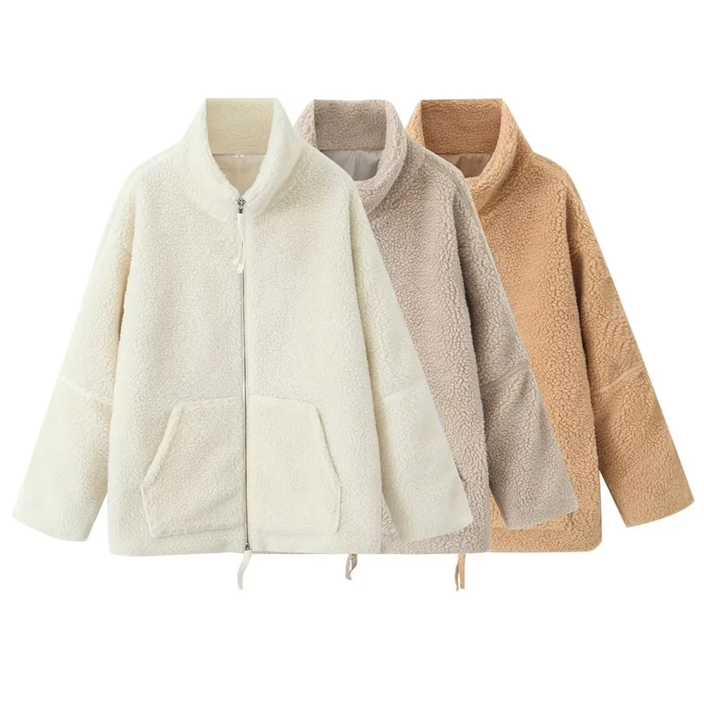 

European and American 2023 thickened tops, stand collar coats, home clothes, teddy velvet metal zipper jackets for women