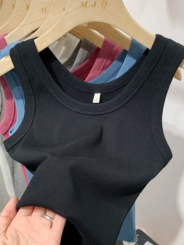 سترة نسائية مضلعة محبوكة ، توبات بدون أكمام ، توب قصير ، رقبة دائرية ، كاميس أحادي اللون ، ملابس شارع قصيرة ، موضة لياقة بدنية ، صيف 3