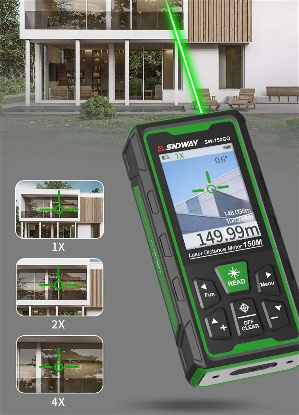 SNDWAY Digital Rangefinder Bluetooth Laser Distance Meter 4X Zoom Green Laser Ta