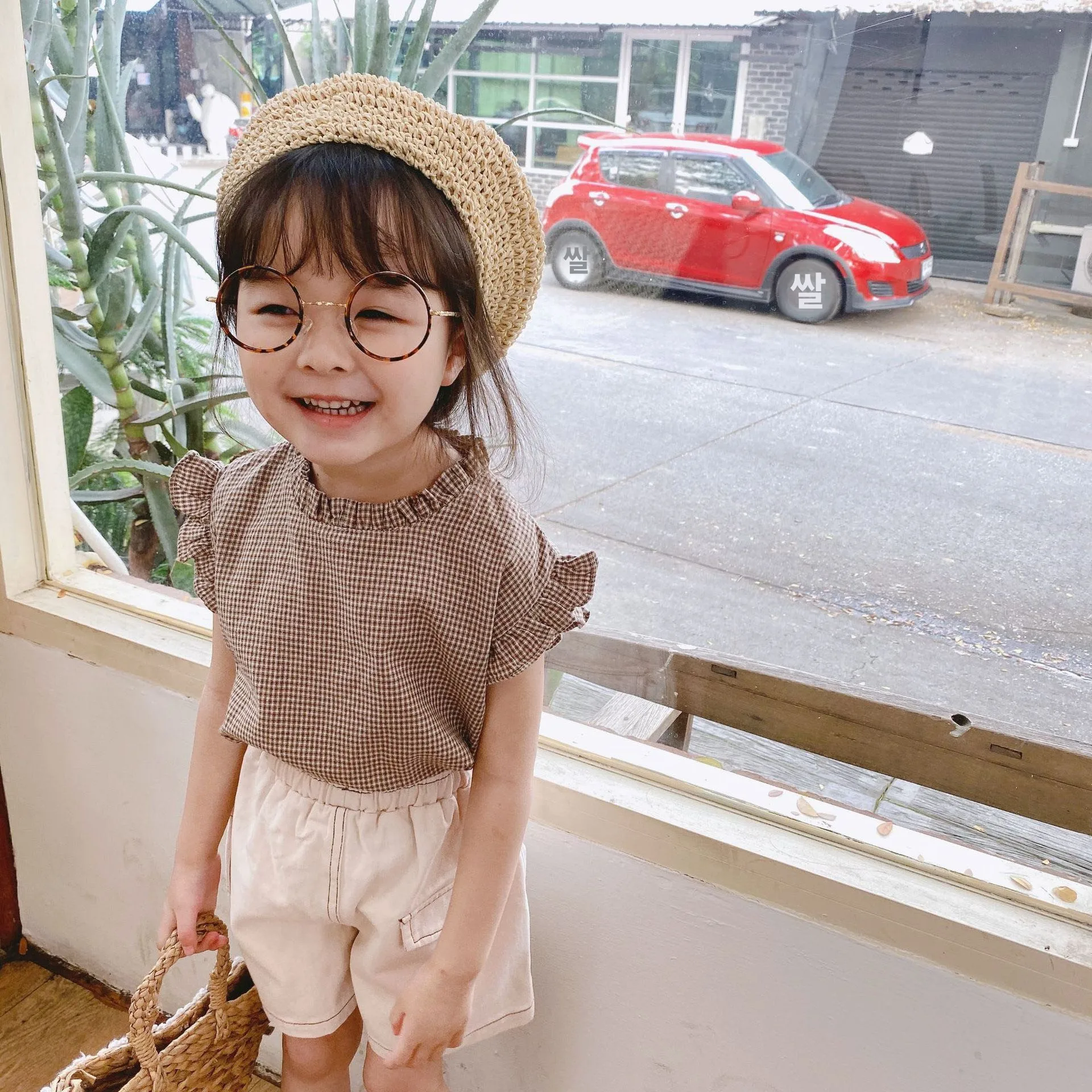 여름 신상품 격자 무늬 민소매 프릴 칼라 셔츠 소녀 용 아동 의류 한국 스타일 코튼 원단 여름 복장
