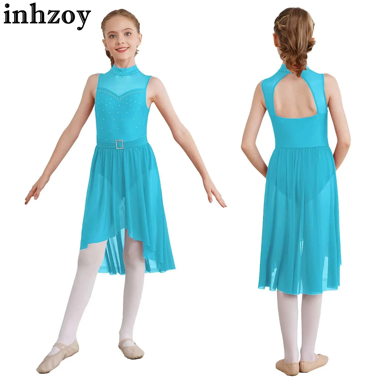 

Kids Girls Modern Lyrical Dance Dress Sleeveless Rhinestone High-Low Hem Ballet Gymnastics Leotard Figure Skating Dancewear